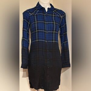 ROCK & REPUBLIC Navy Black Checker Button Plaid Ombre Studded Shirt Dress Sz XS